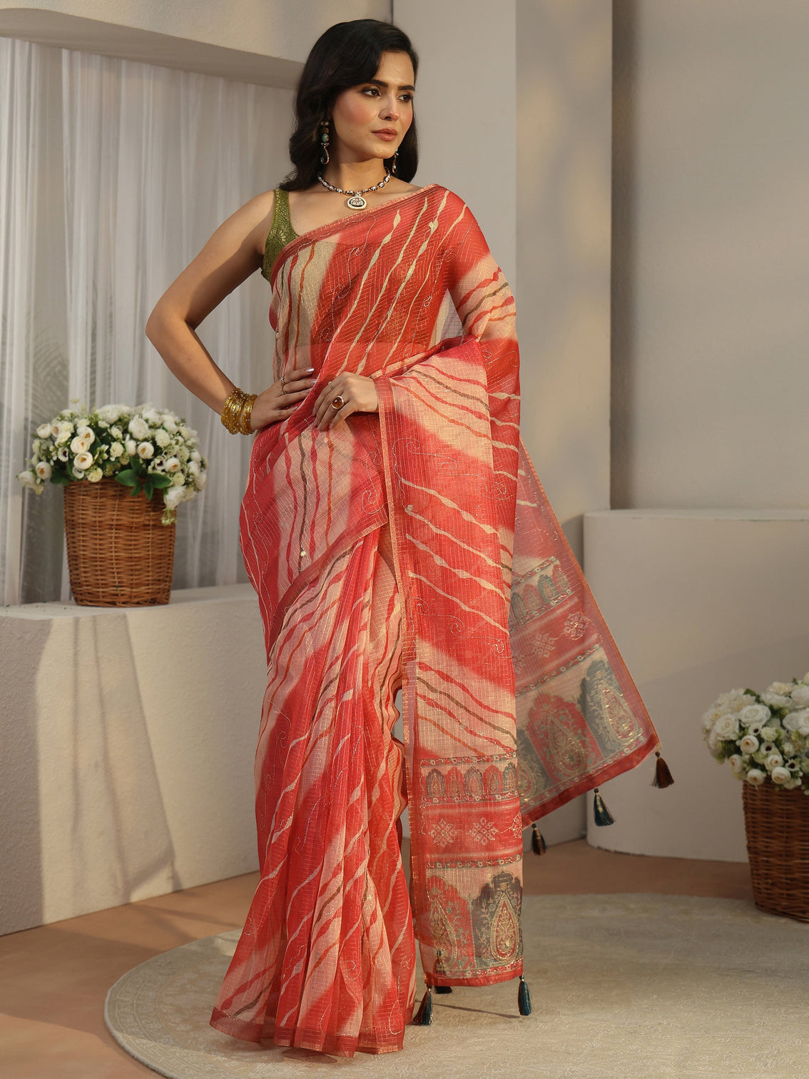 Mameraa Coral Red Leheriya Silk Blend Saree