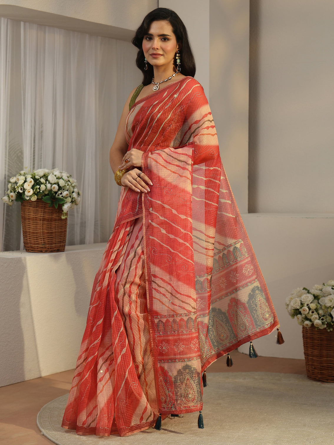 Mameraa Coral Red Leheriya Silk Blend Saree