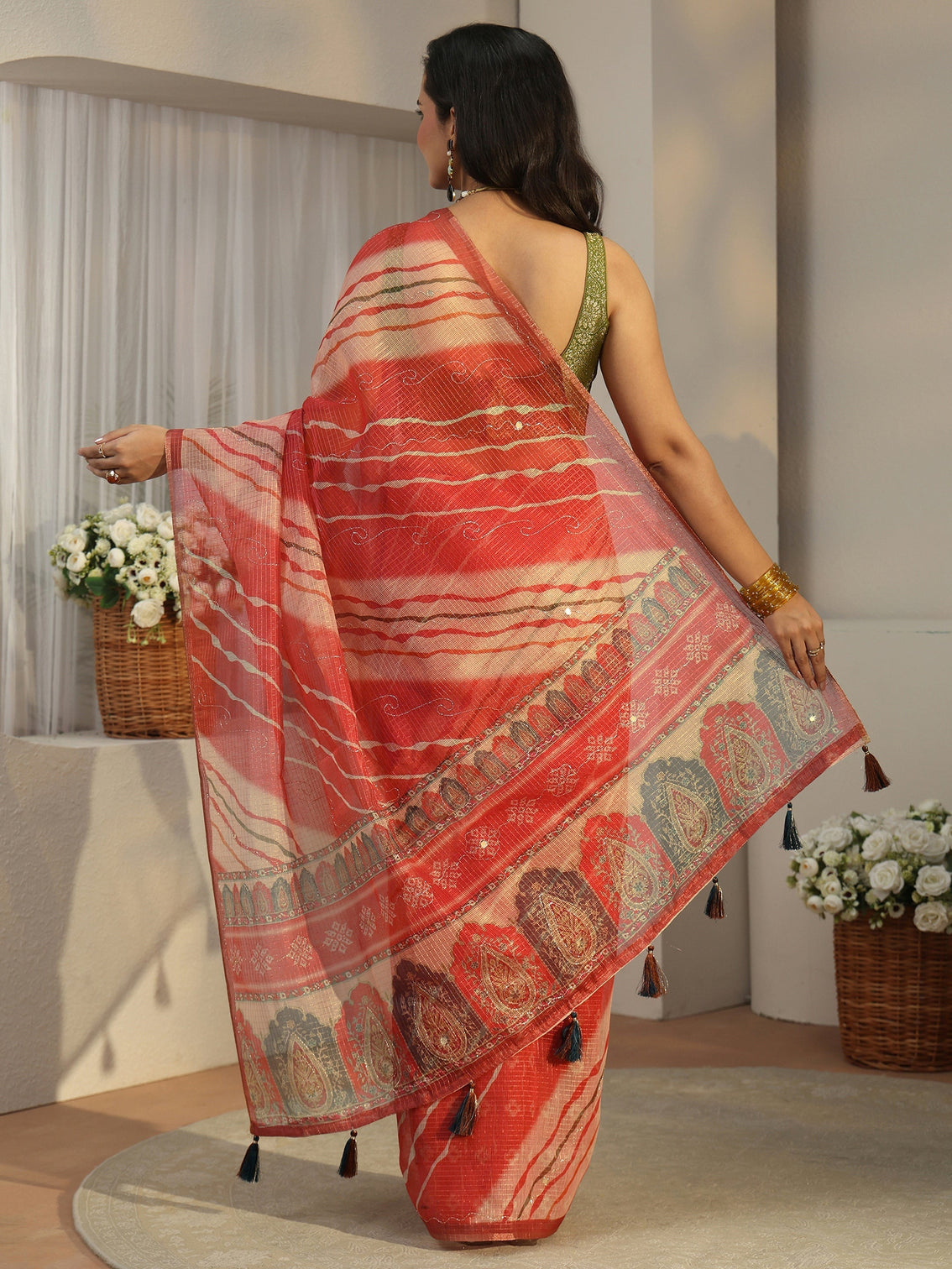 Mameraa Coral Red Leheriya Silk Blend Saree