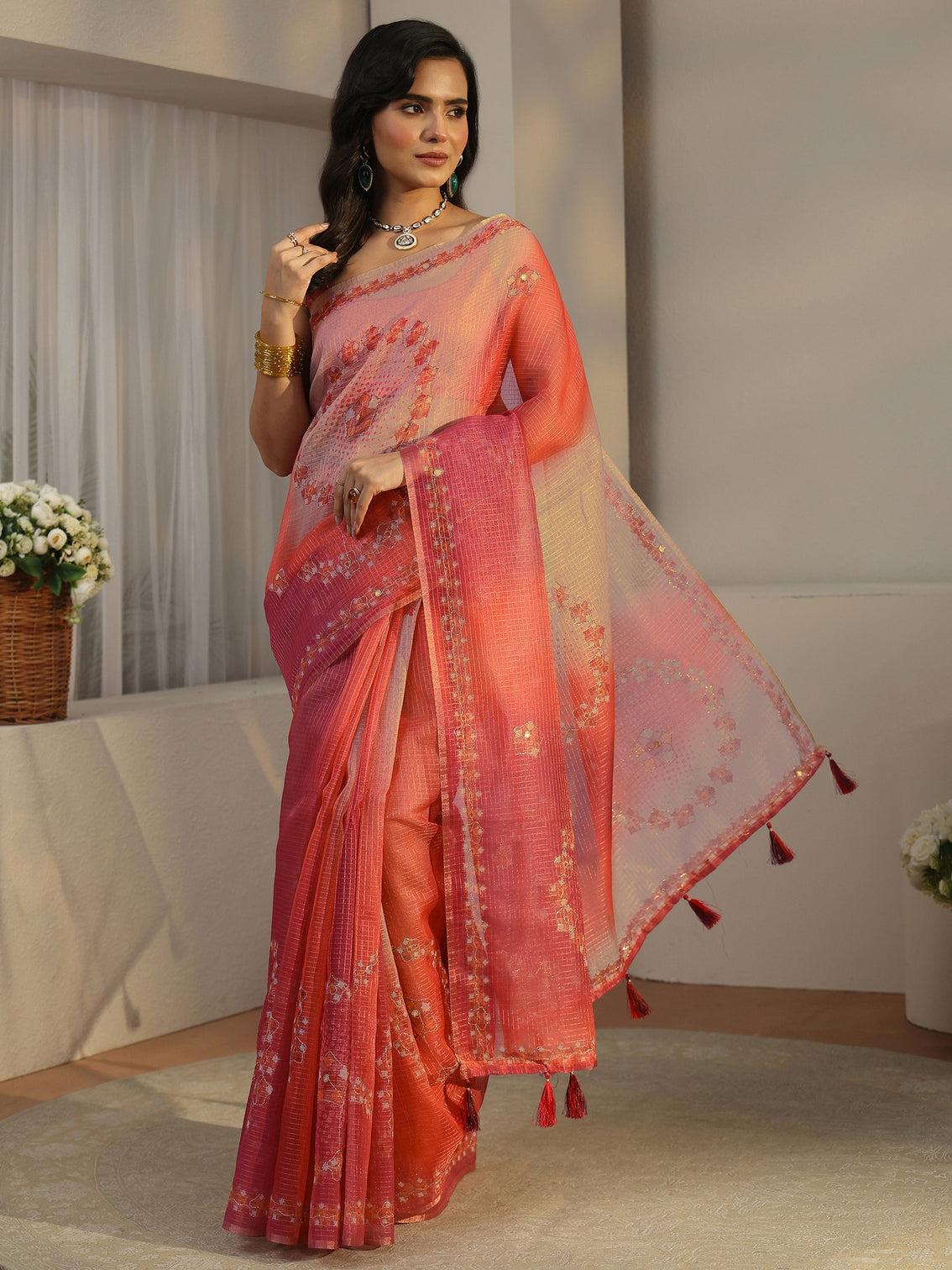 Mameraa Peach Pink Floral Printed Silk Blend Saree