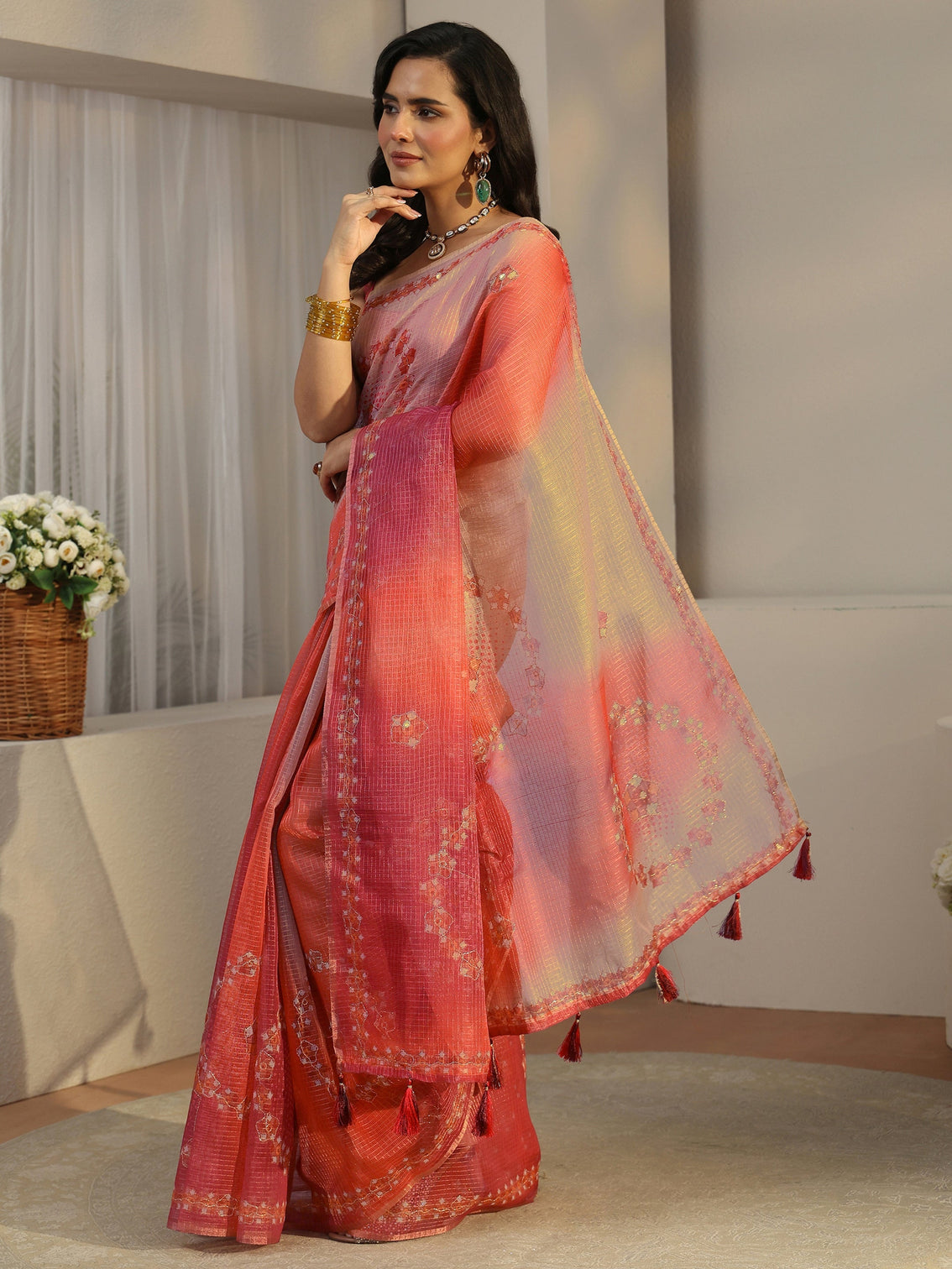 Mameraa Peach Pink Floral Printed Silk Blend Saree