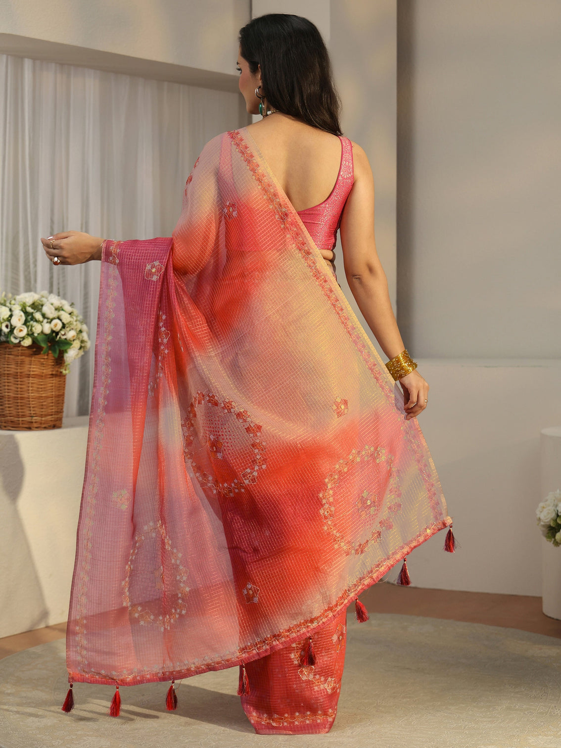 Mameraa Peach Pink Floral Printed Silk Blend Saree