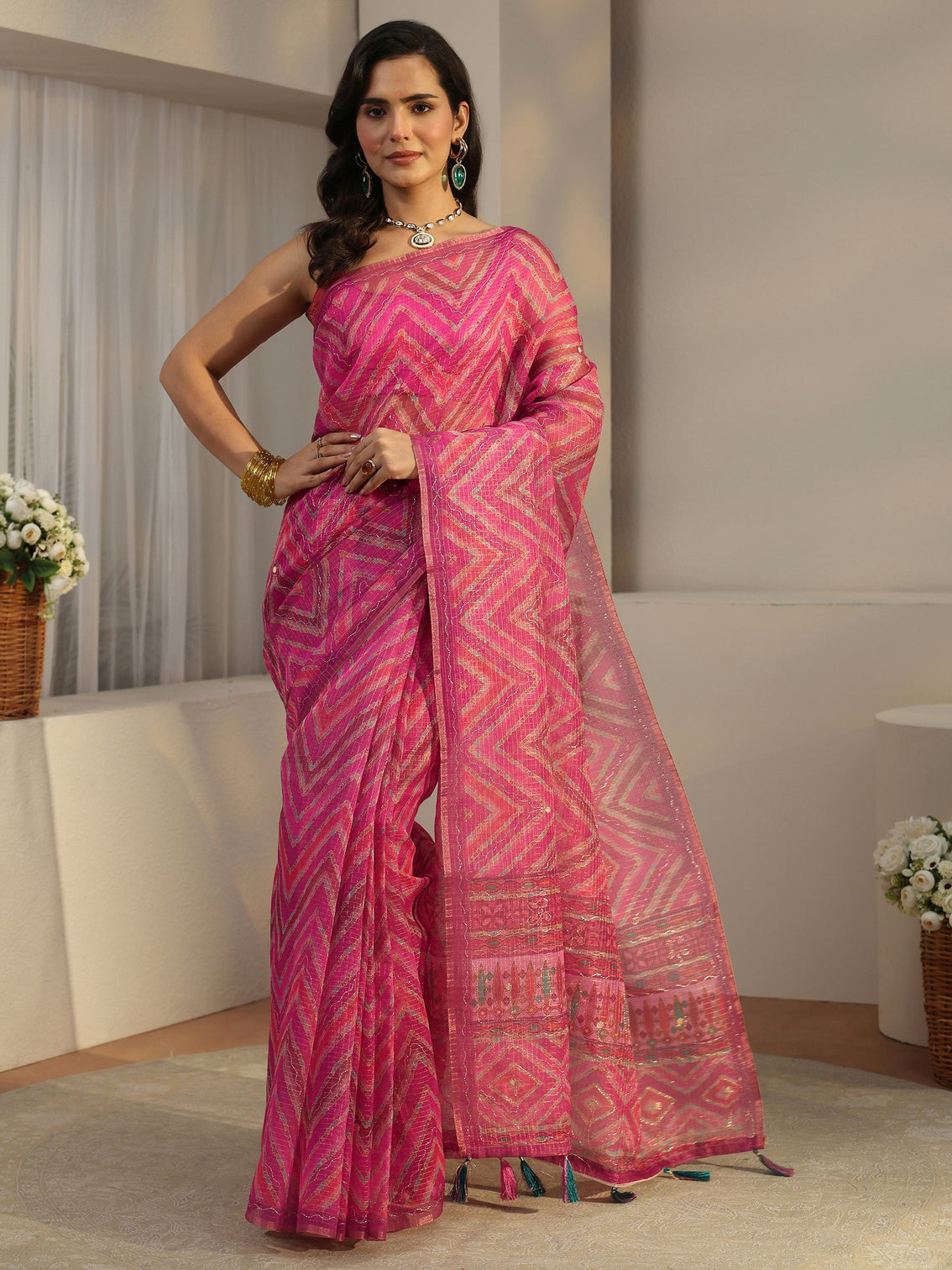 Mameraa Rani Pink Chevron Printed Silk Blend Saree