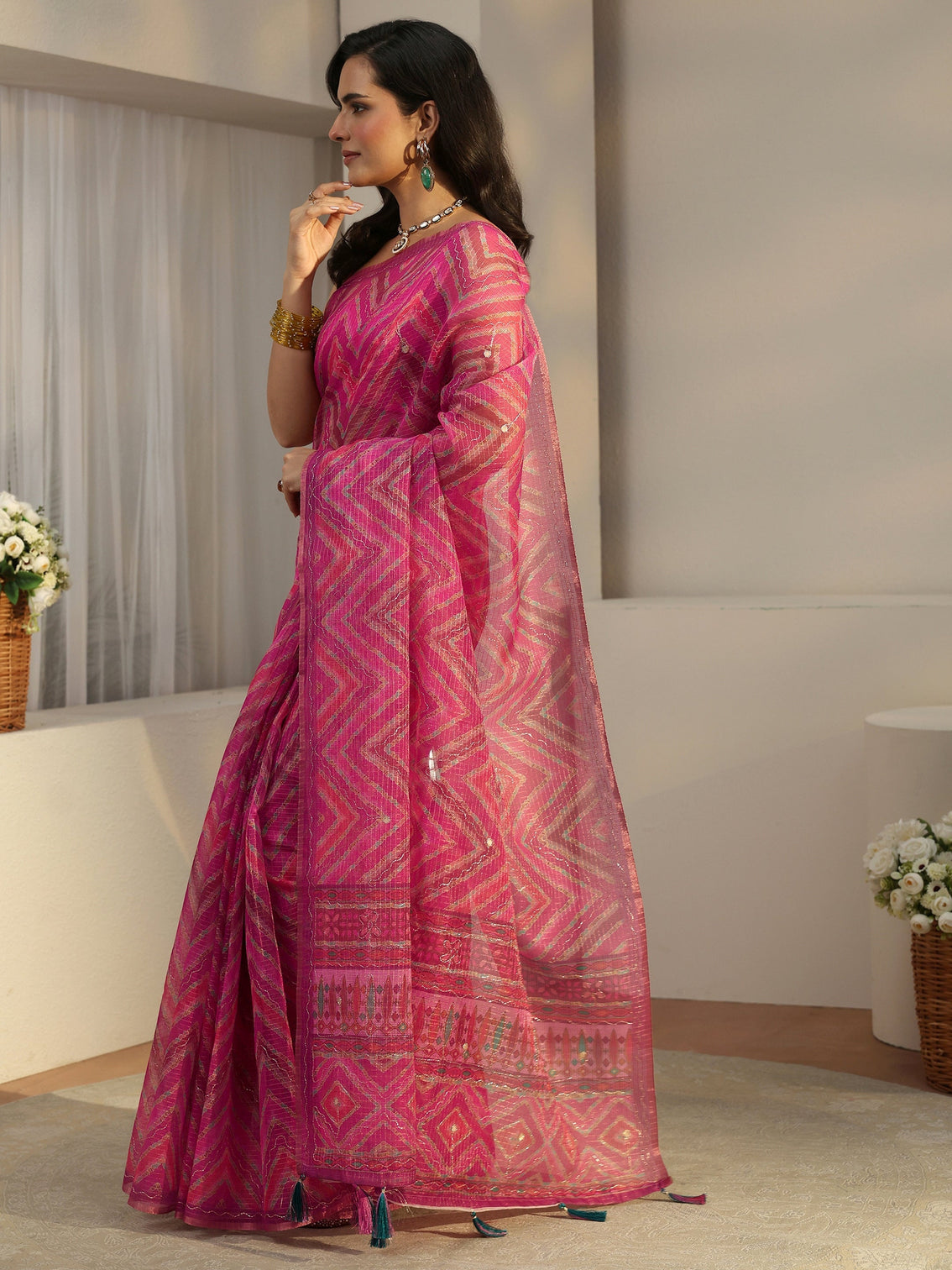 Mameraa Rani Pink Chevron Printed Silk Blend Saree