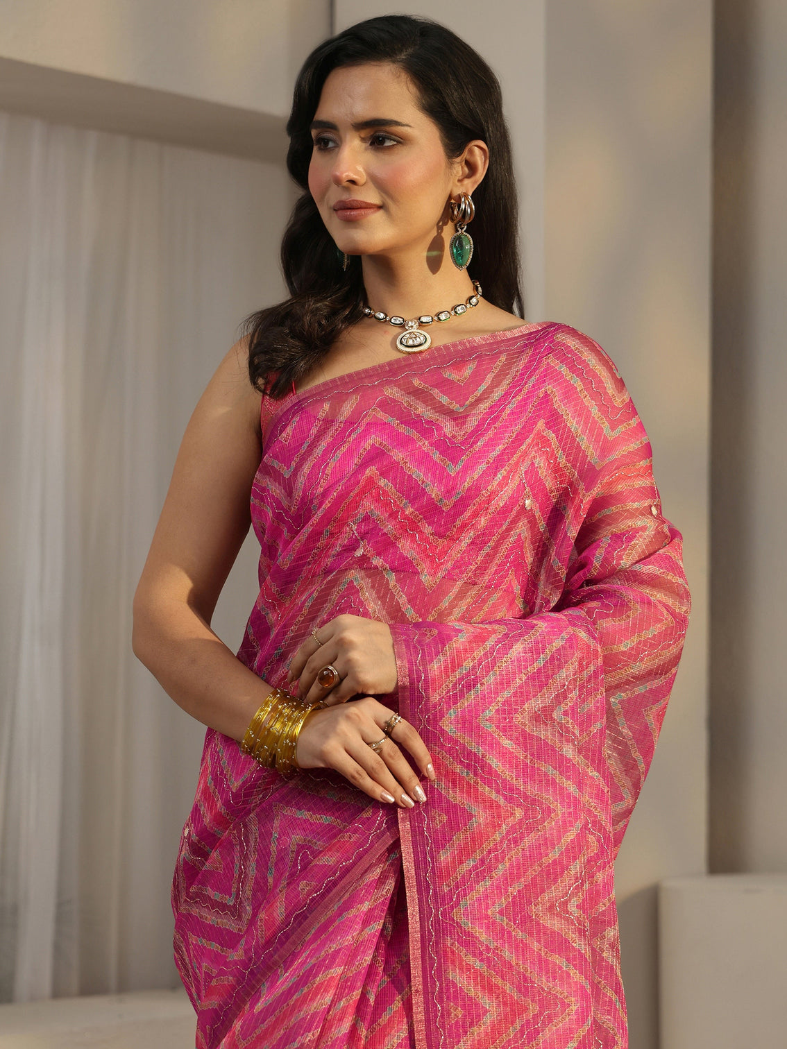 Mameraa Rani Pink Chevron Printed Silk Blend Saree
