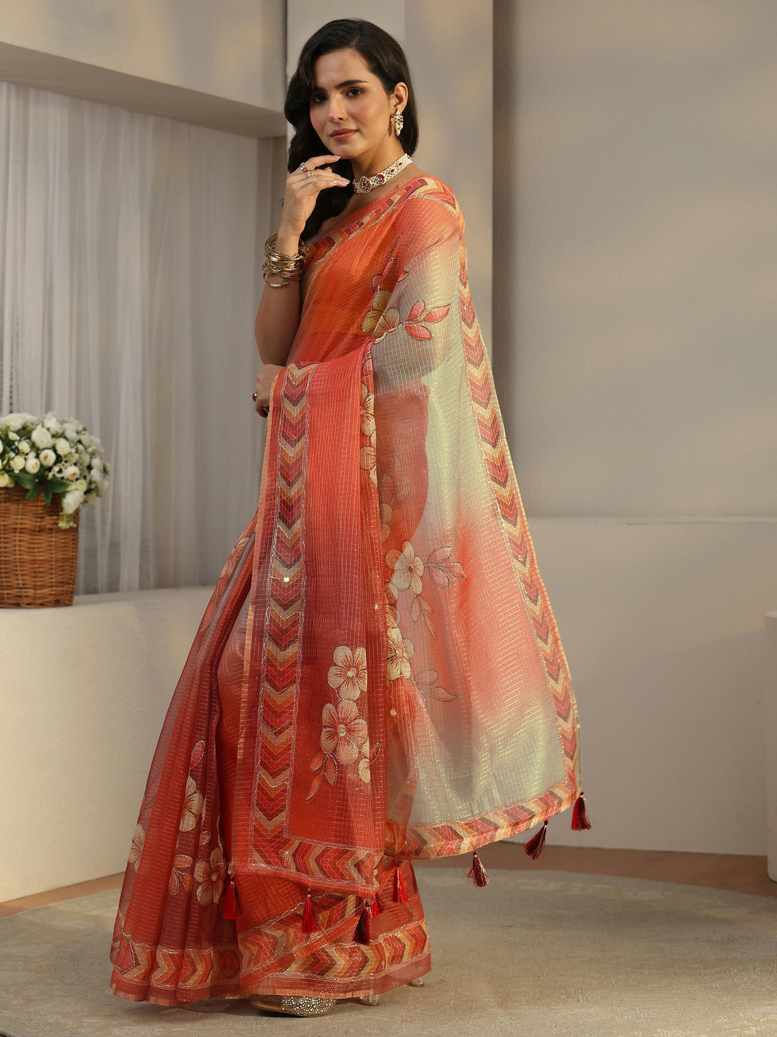 Mameraa Multi Colour Floral Printed Silk Blend Saree with Chevron Border