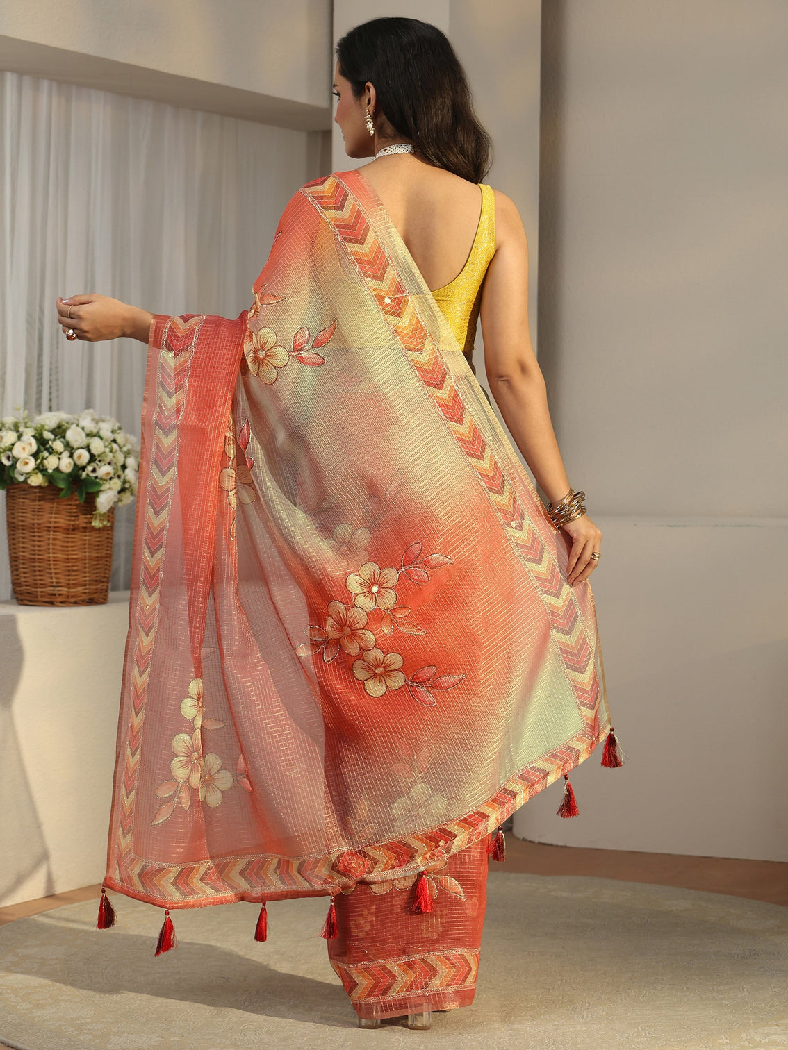 Mameraa Multi Colour Floral Printed Silk Blend Saree with Chevron Border