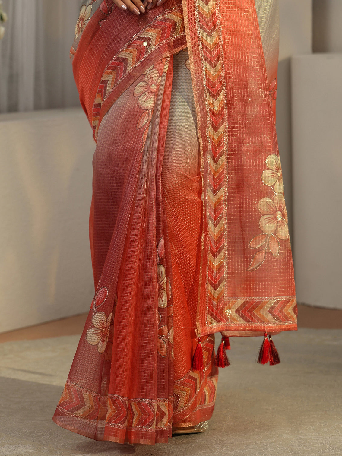 Mameraa Multi Colour Floral Printed Silk Blend Saree with Chevron Border