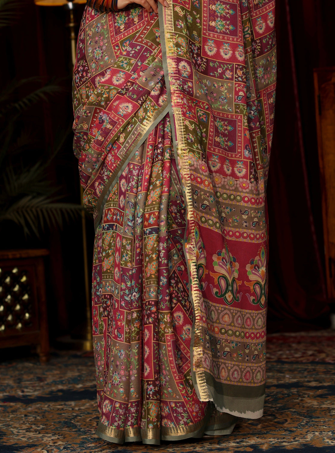 Mameraa Multi Coloured Floral Printed Silk Blend Saree