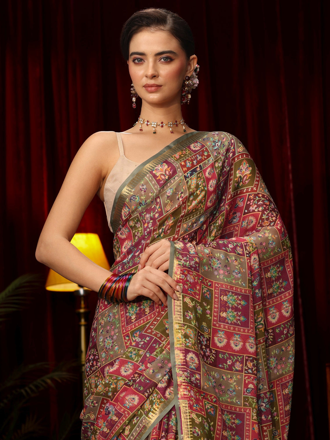 Mameraa Multi Coloured Floral Printed Silk Blend Saree
