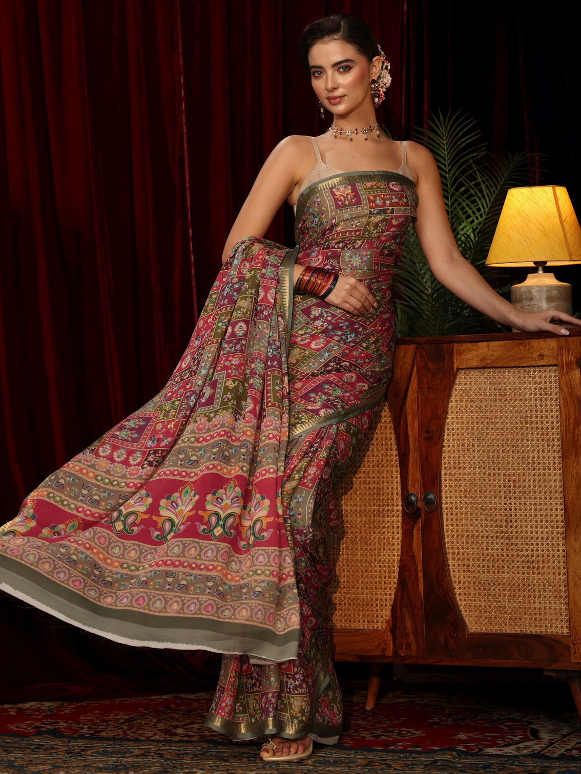 Mameraa Multi Coloured Floral Printed Silk Blend Saree