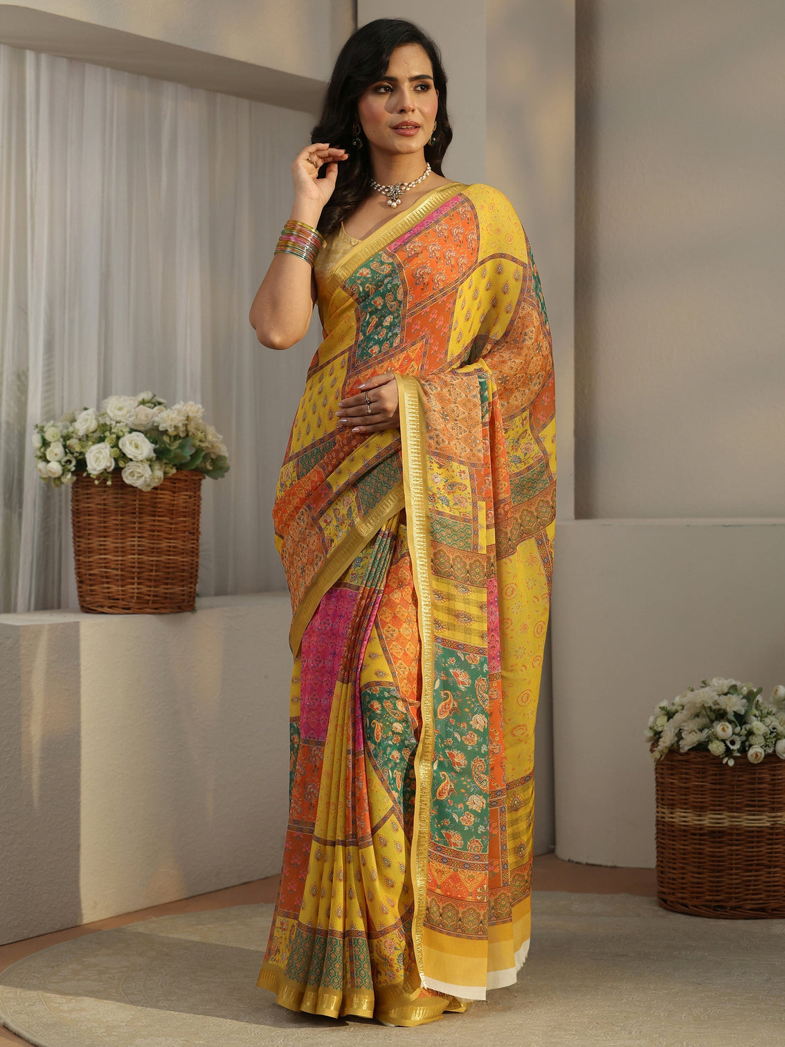 Mameraa Multi Colour Ethnic Printed Silk Blend Saree