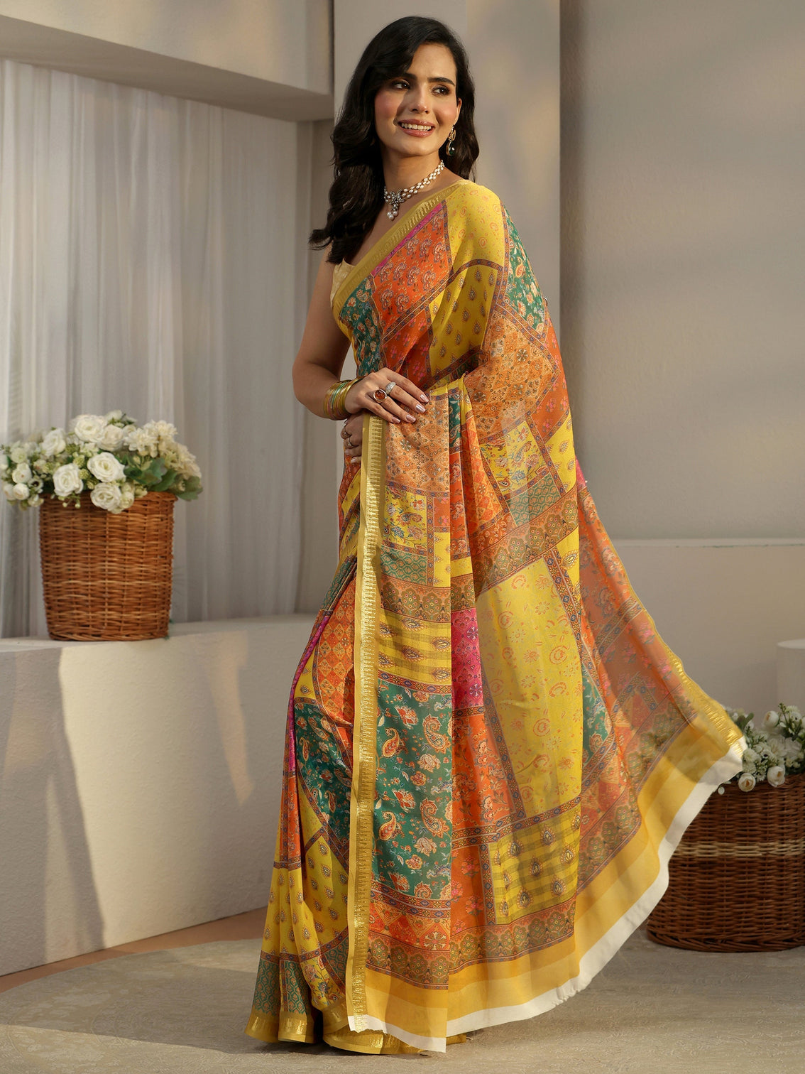 Mameraa Multi Colour Ethnic Printed Silk Blend Saree