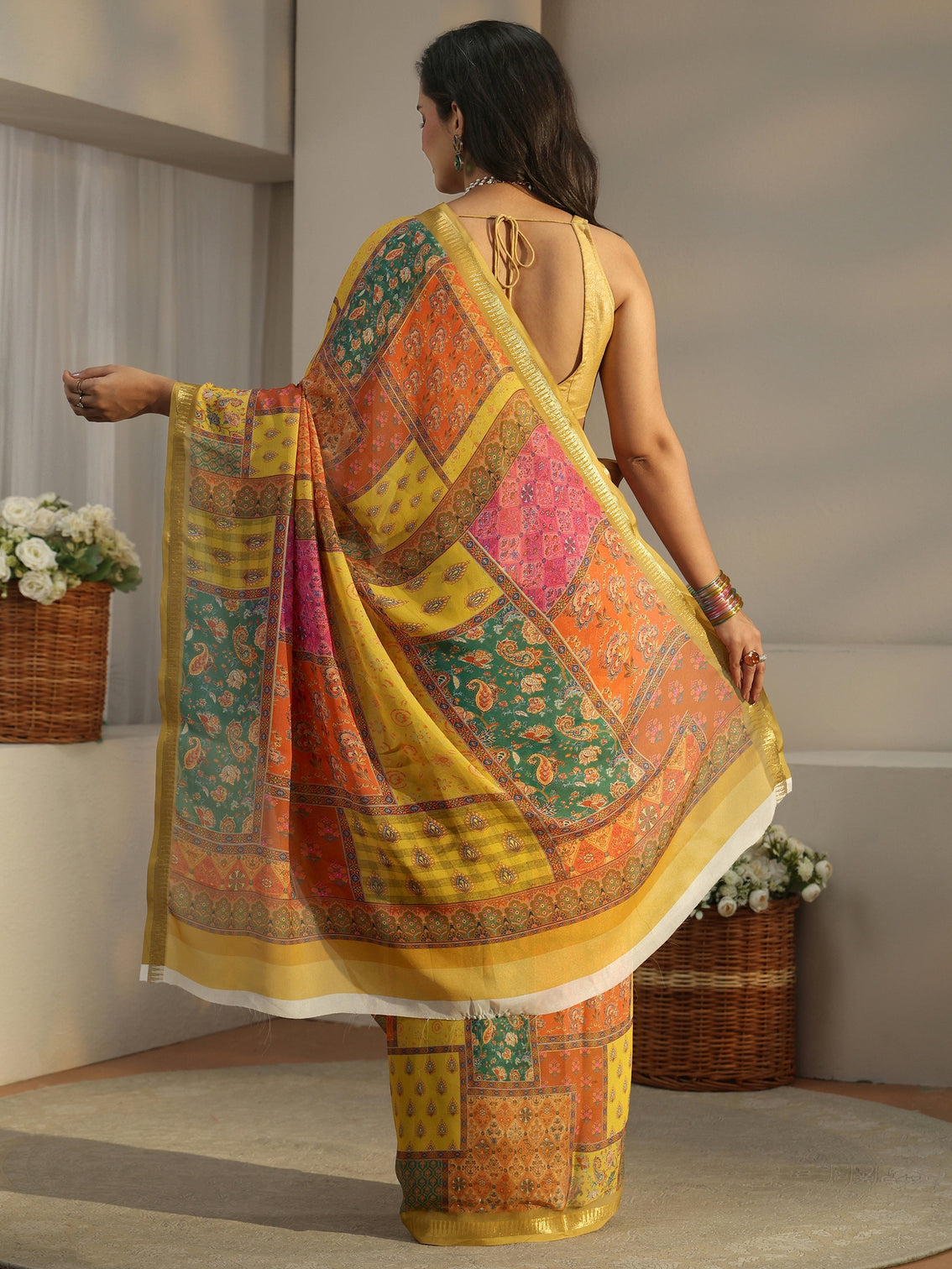 Mameraa Multi Colour Ethnic Printed Silk Blend Saree