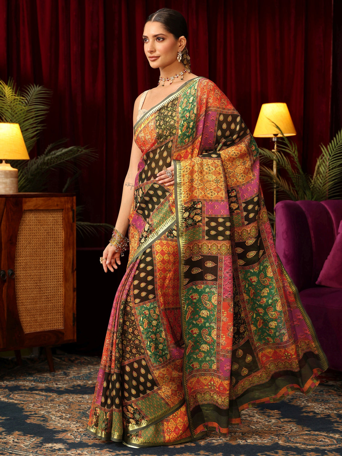 Mameraa Multicolour Patch Work Print Silk Blend Saree