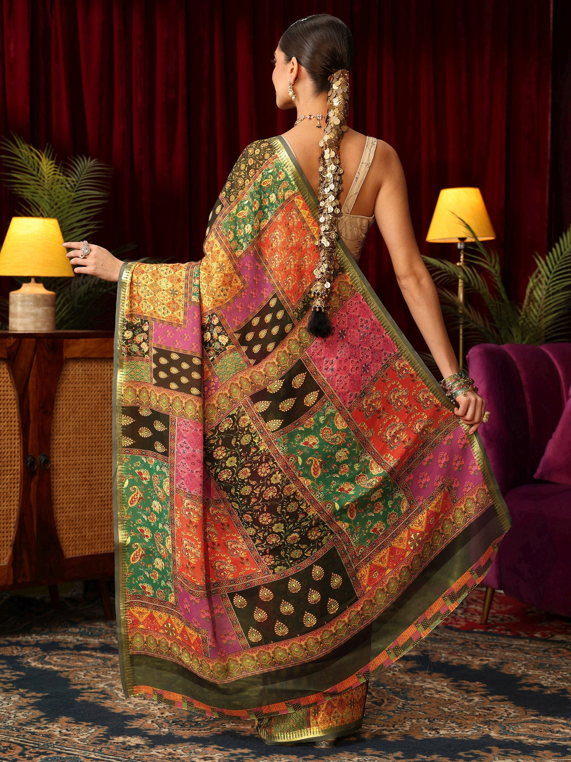 Mameraa Multicolour Patch Work Print Silk Blend Saree