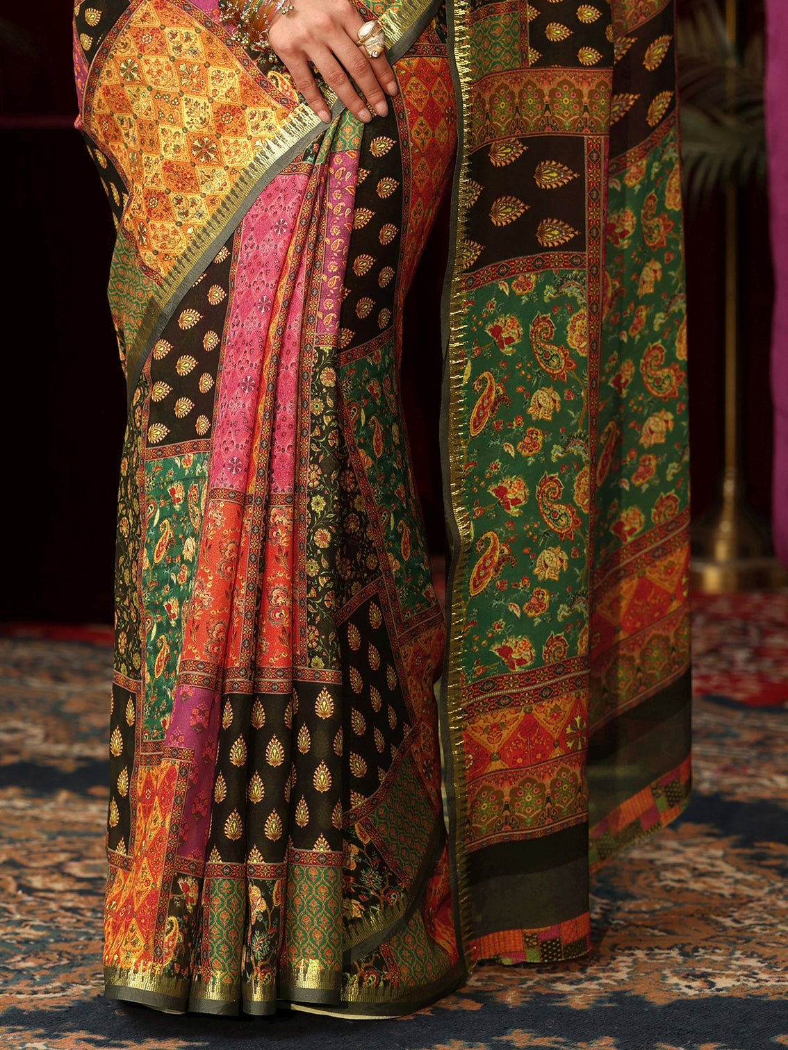 Mameraa Multicolour Patch Work Print Silk Blend Saree