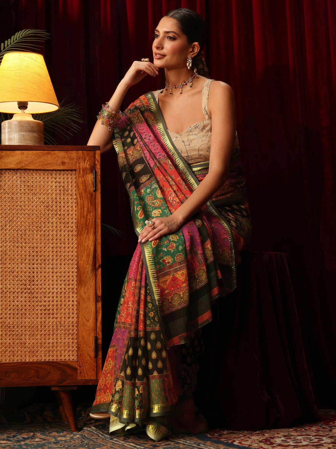 Mameraa Multicolour Patch Work Print Silk Blend Saree
