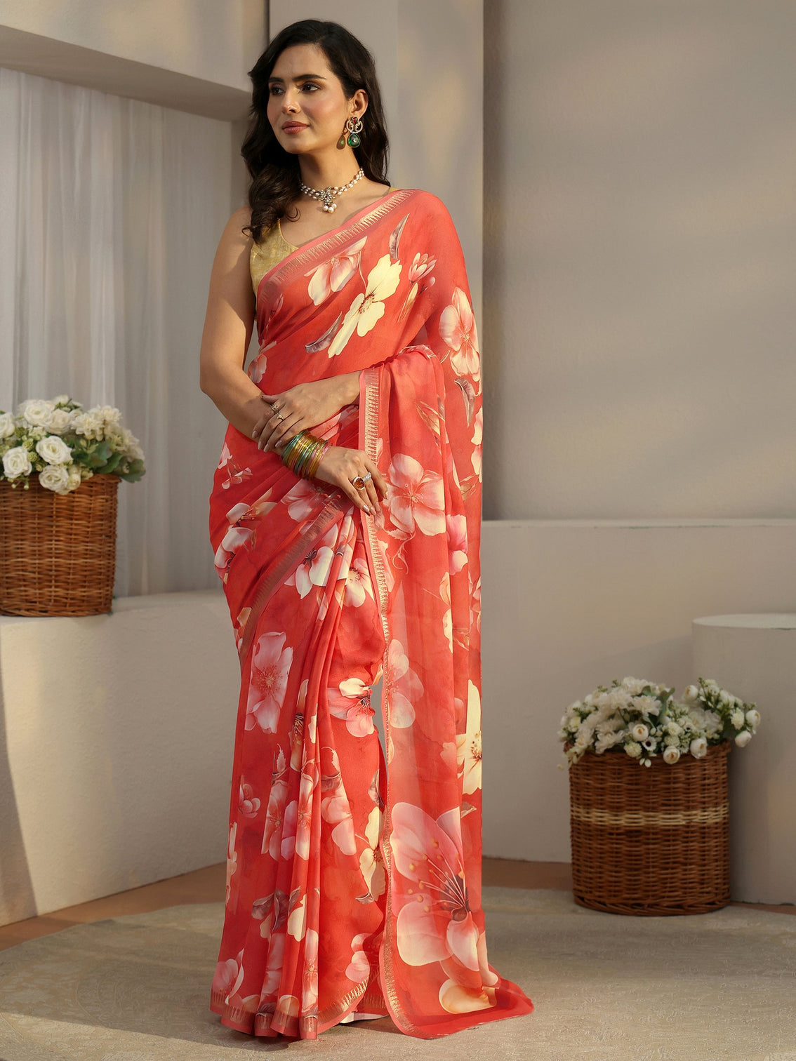 Mameraa Orange Floral Printed Silk Blend Saree
