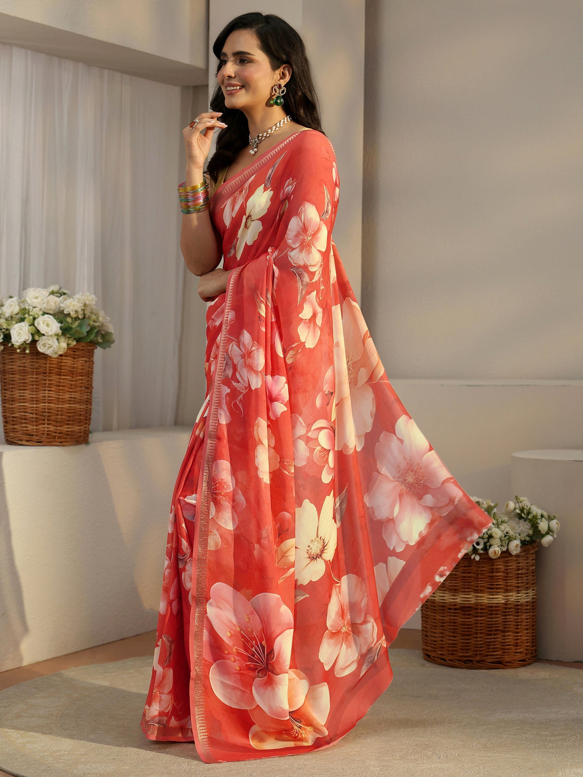 Mameraa Orange Floral Printed Silk Blend Saree