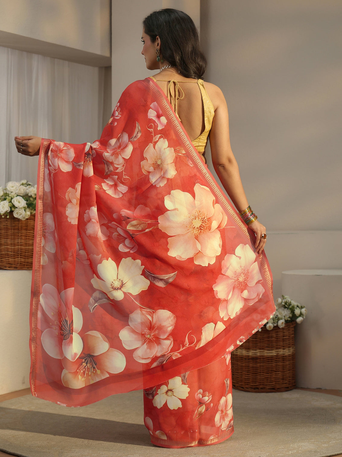 Mameraa Orange Floral Printed Silk Blend Saree