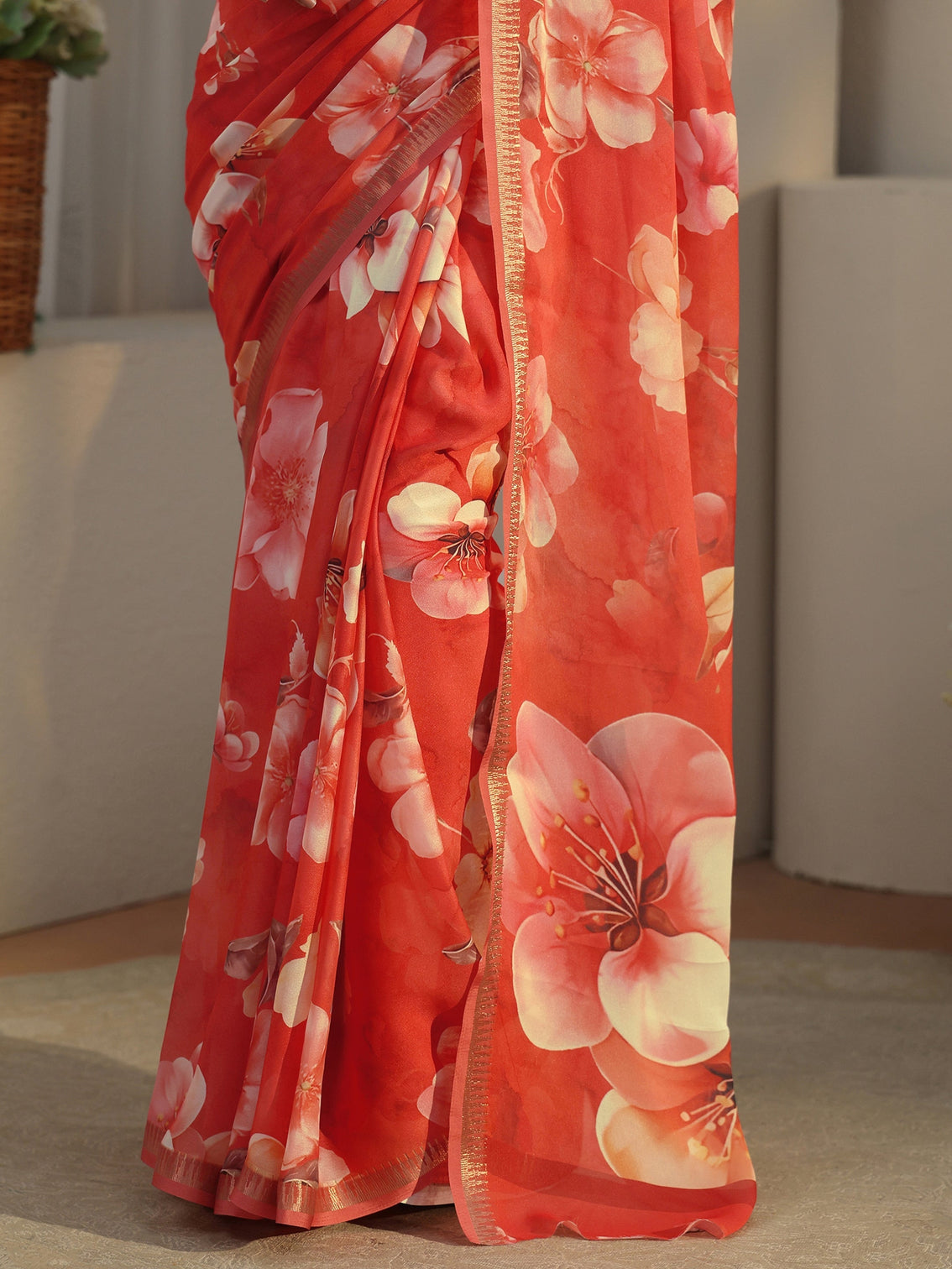 Mameraa Orange Floral Printed Silk Blend Saree