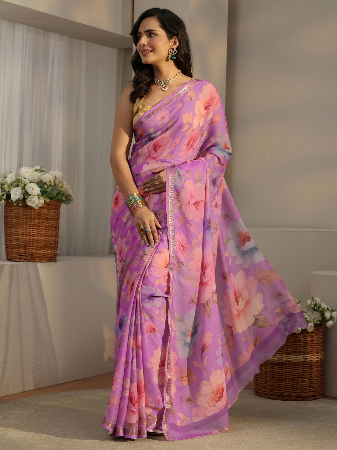 Mameraa Lavender Floral Printed Silk Blend Saree