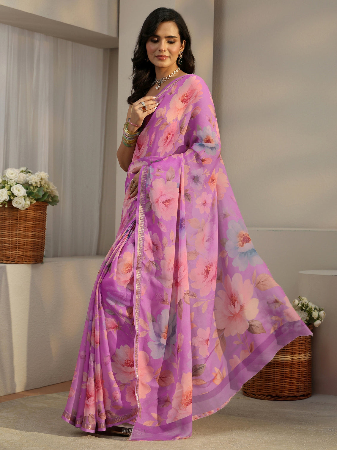Mameraa Lavender Floral Printed Silk Blend Saree