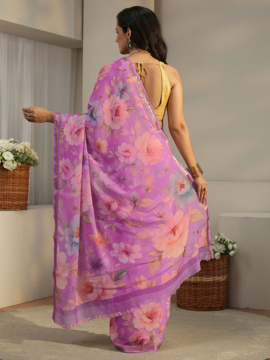 Mameraa Lavender Floral Printed Silk Blend Saree