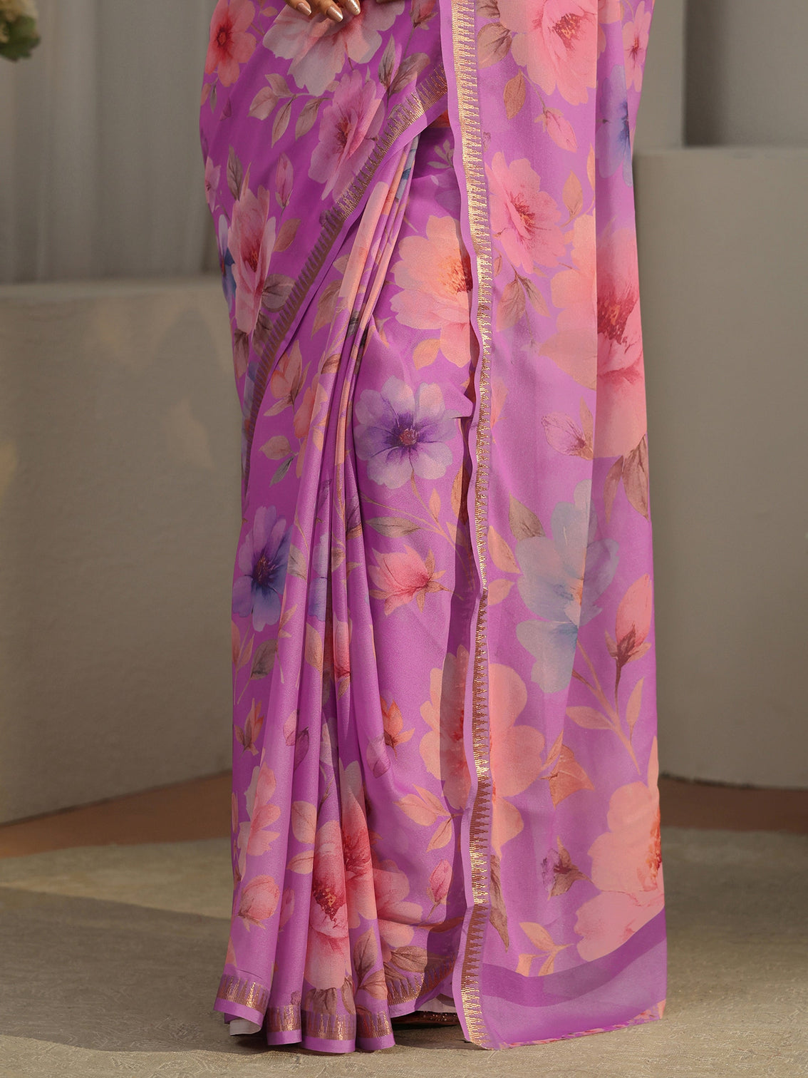 Mameraa Lavender Floral Printed Silk Blend Saree