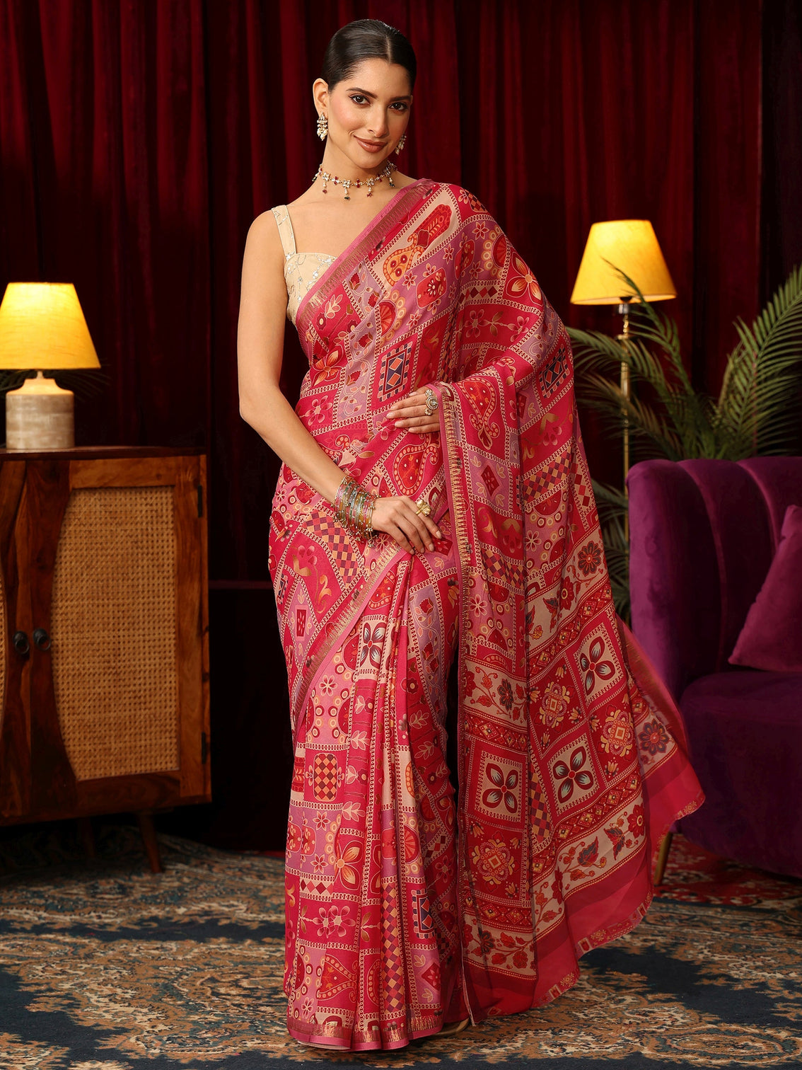 Mameraa Pink Multi Print Silk Blend Saree