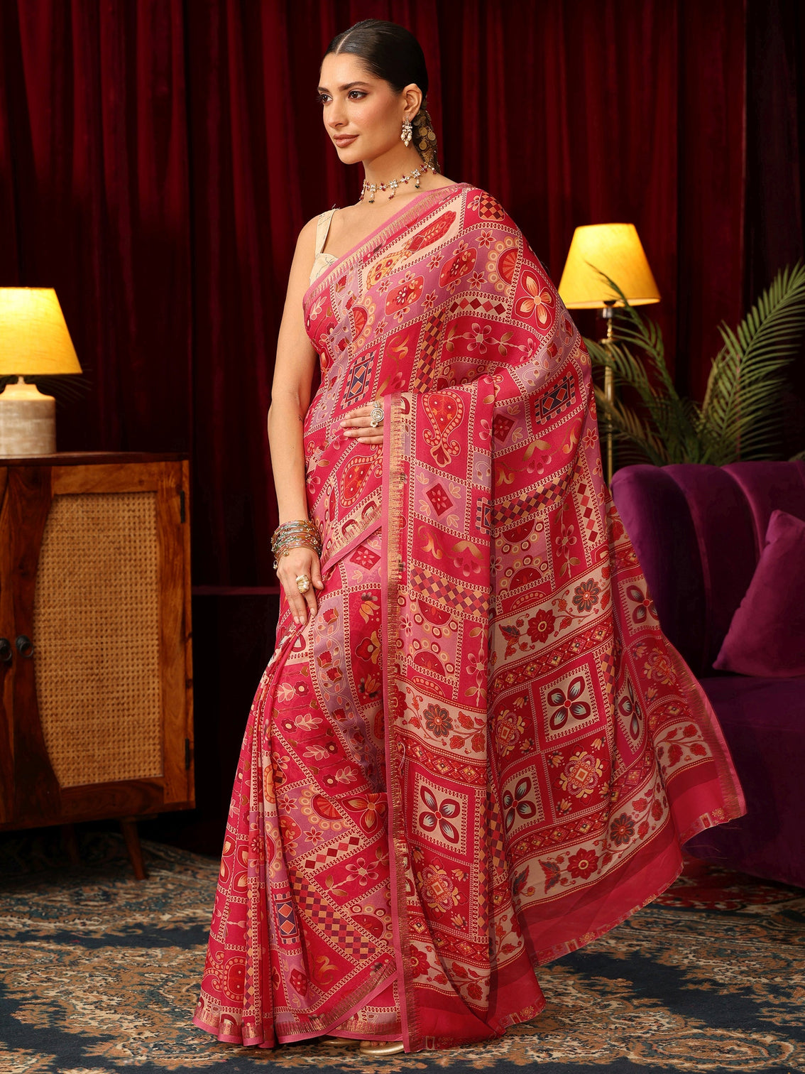 Mameraa Pink Multi Print Silk Blend Saree