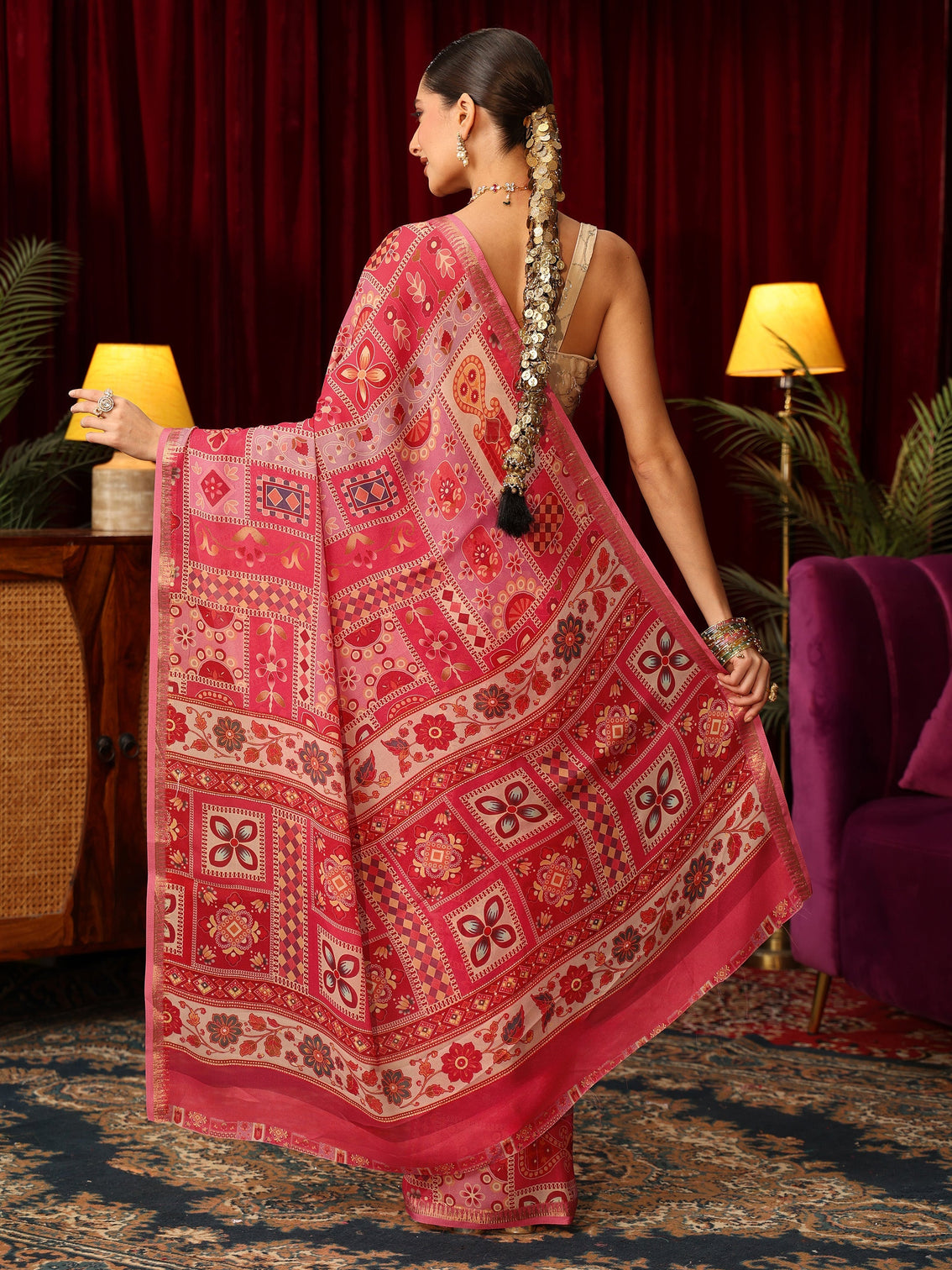 Mameraa Pink Multi Print Silk Blend Saree