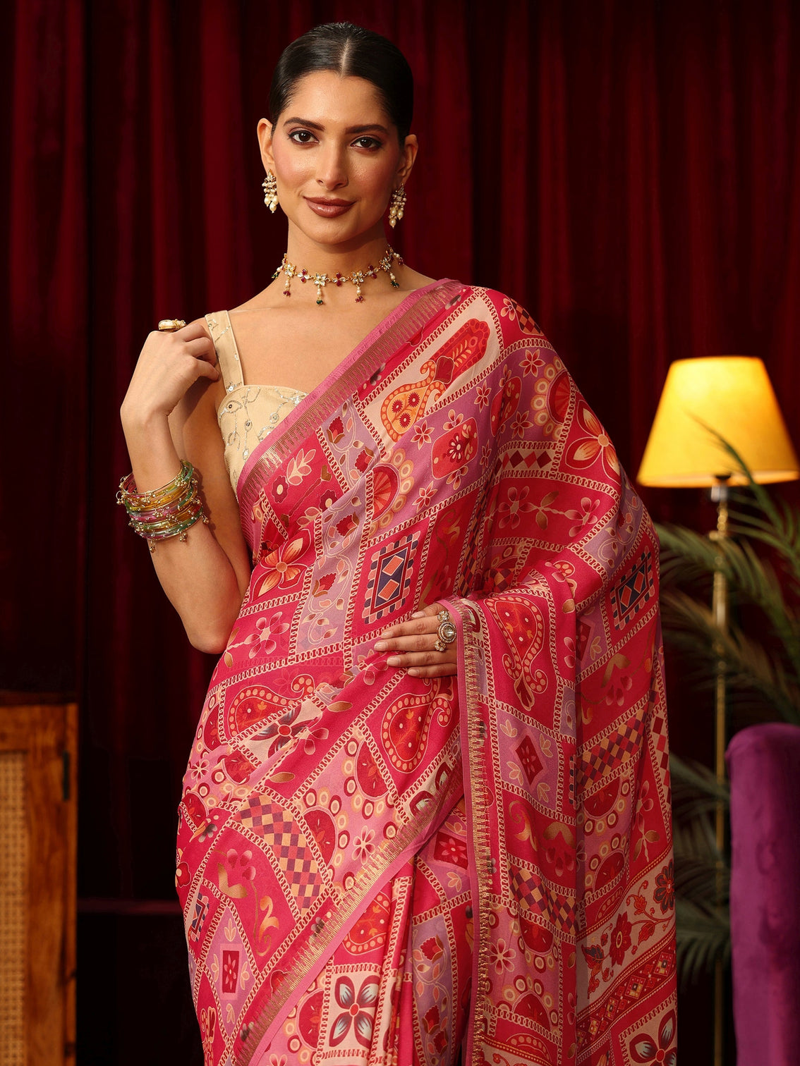 Mameraa Pink Multi Print Silk Blend Saree