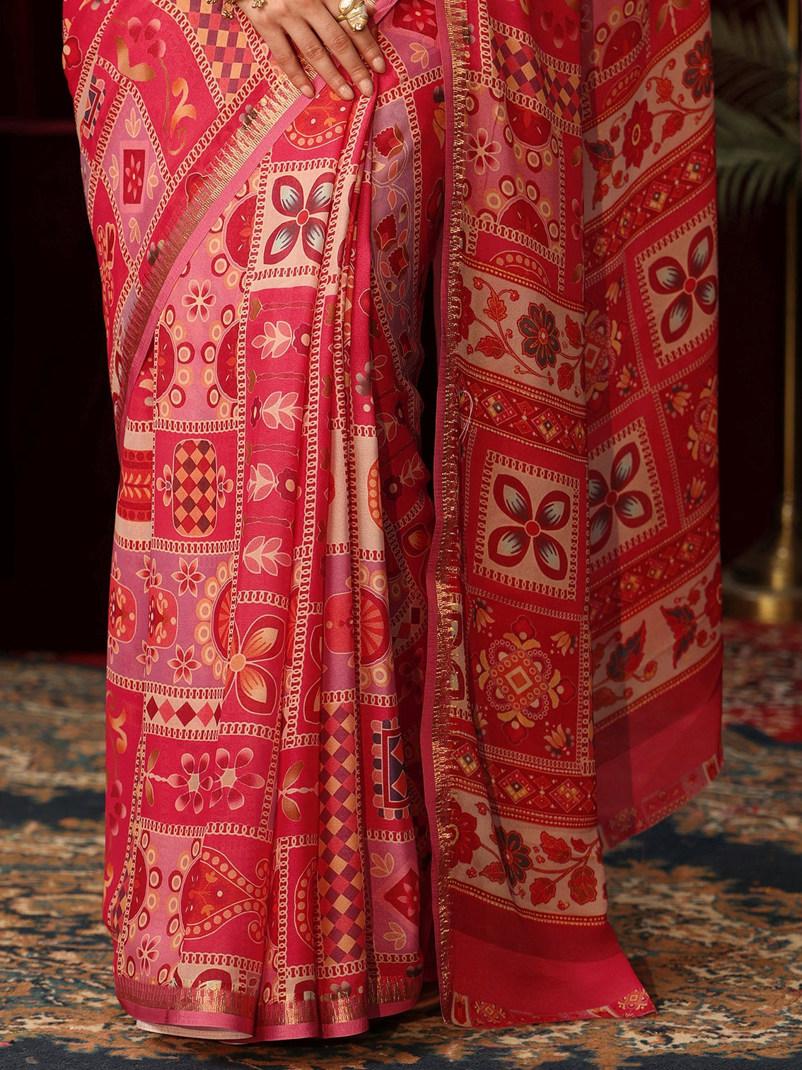 Mameraa Pink Multi Print Silk Blend Saree