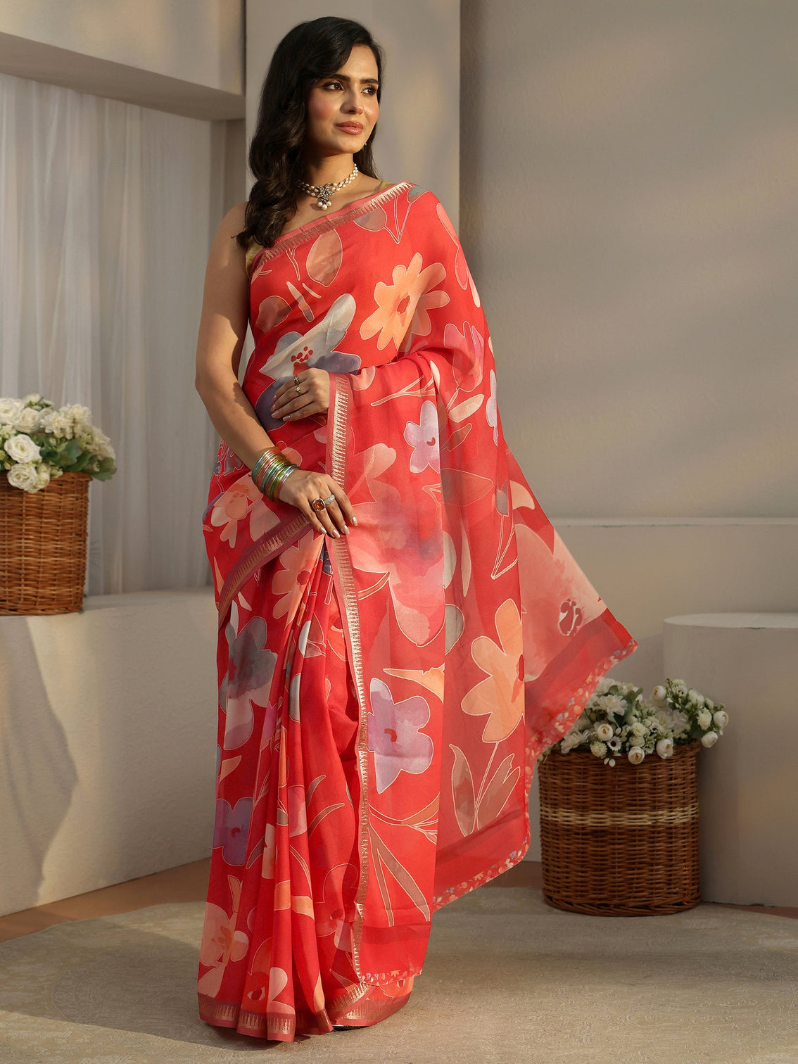 Mameraa Scarlet Red Floral Printed Silk Blend Saree