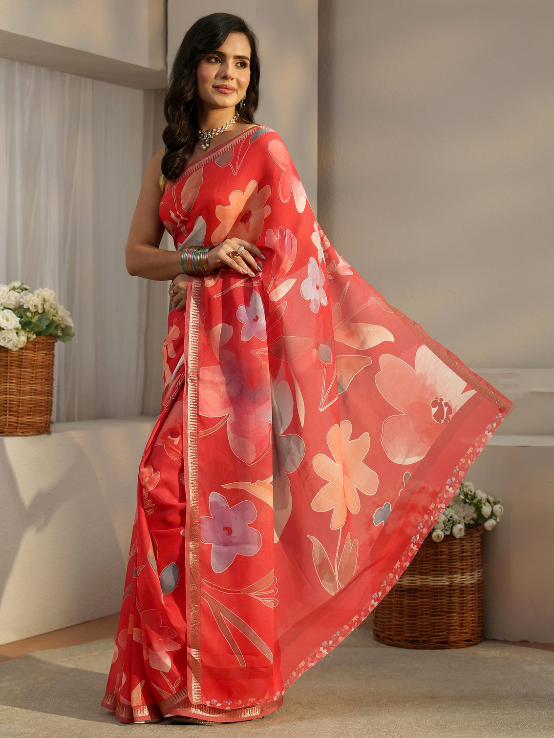 Mameraa Scarlet Red Floral Printed Silk Blend Saree