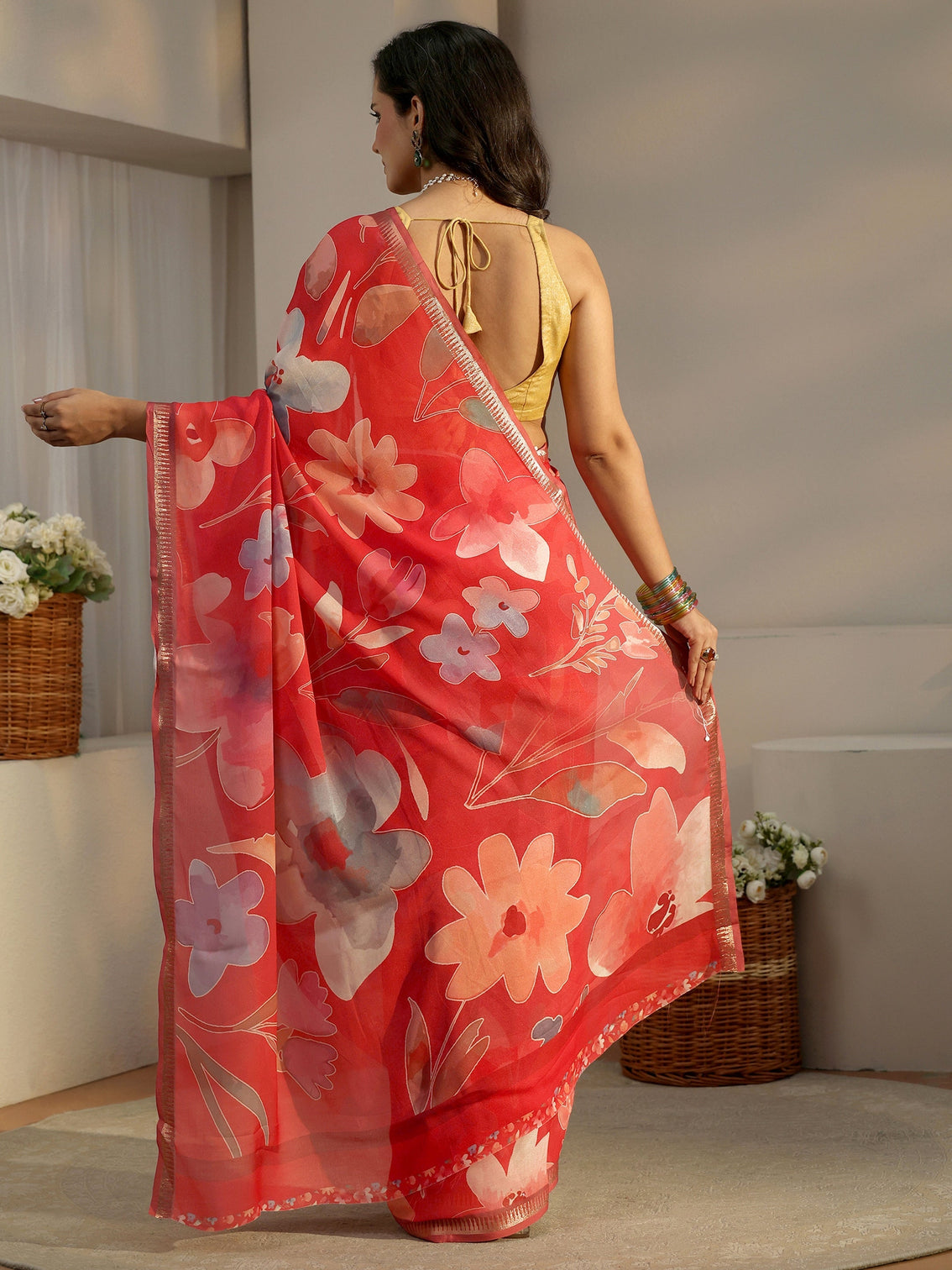 Mameraa Scarlet Red Floral Printed Silk Blend Saree