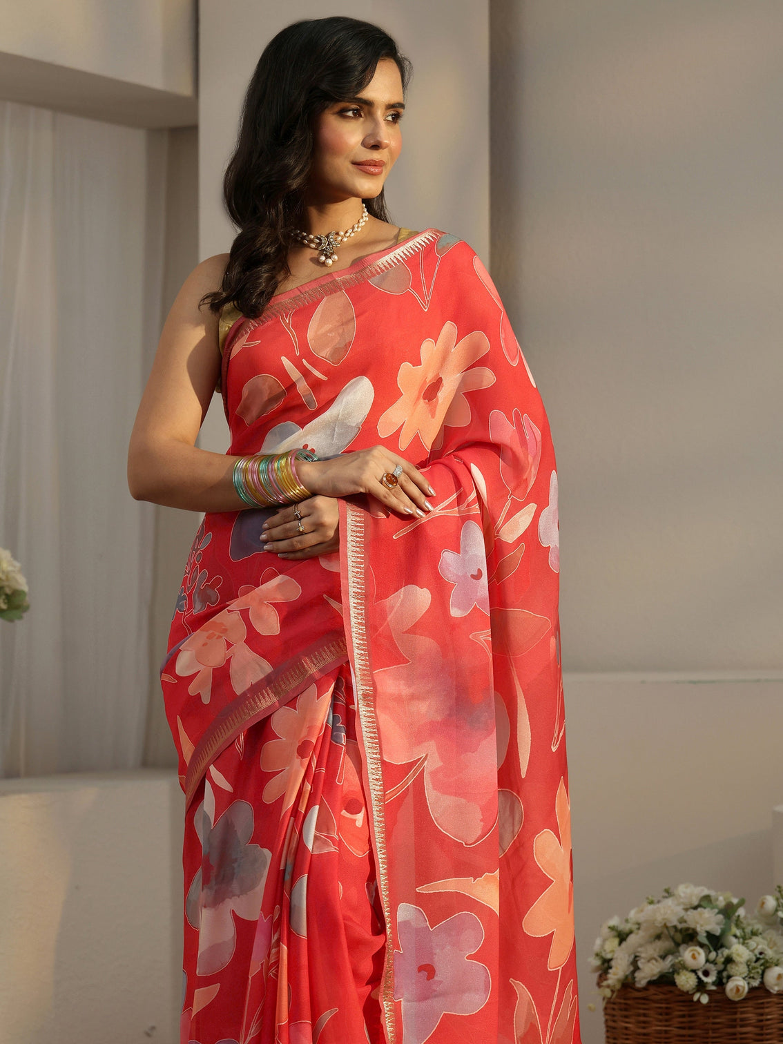 Mameraa Scarlet Red Floral Printed Silk Blend Saree