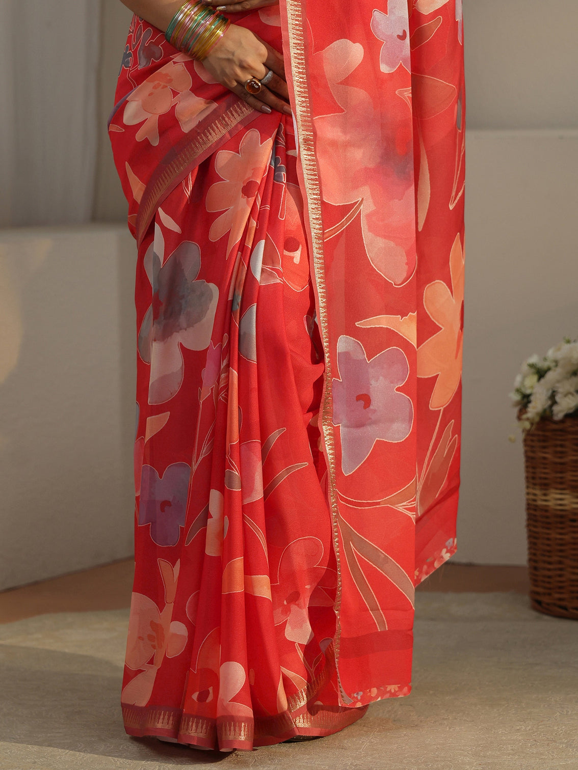 Mameraa Scarlet Red Floral Printed Silk Blend Saree