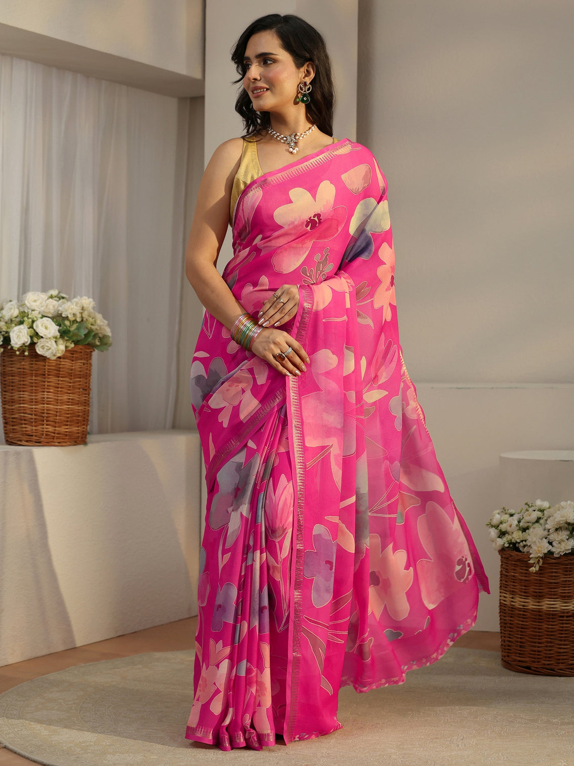 Mameraa Fuchsia Pink Floral Printed Silk Blend Saree