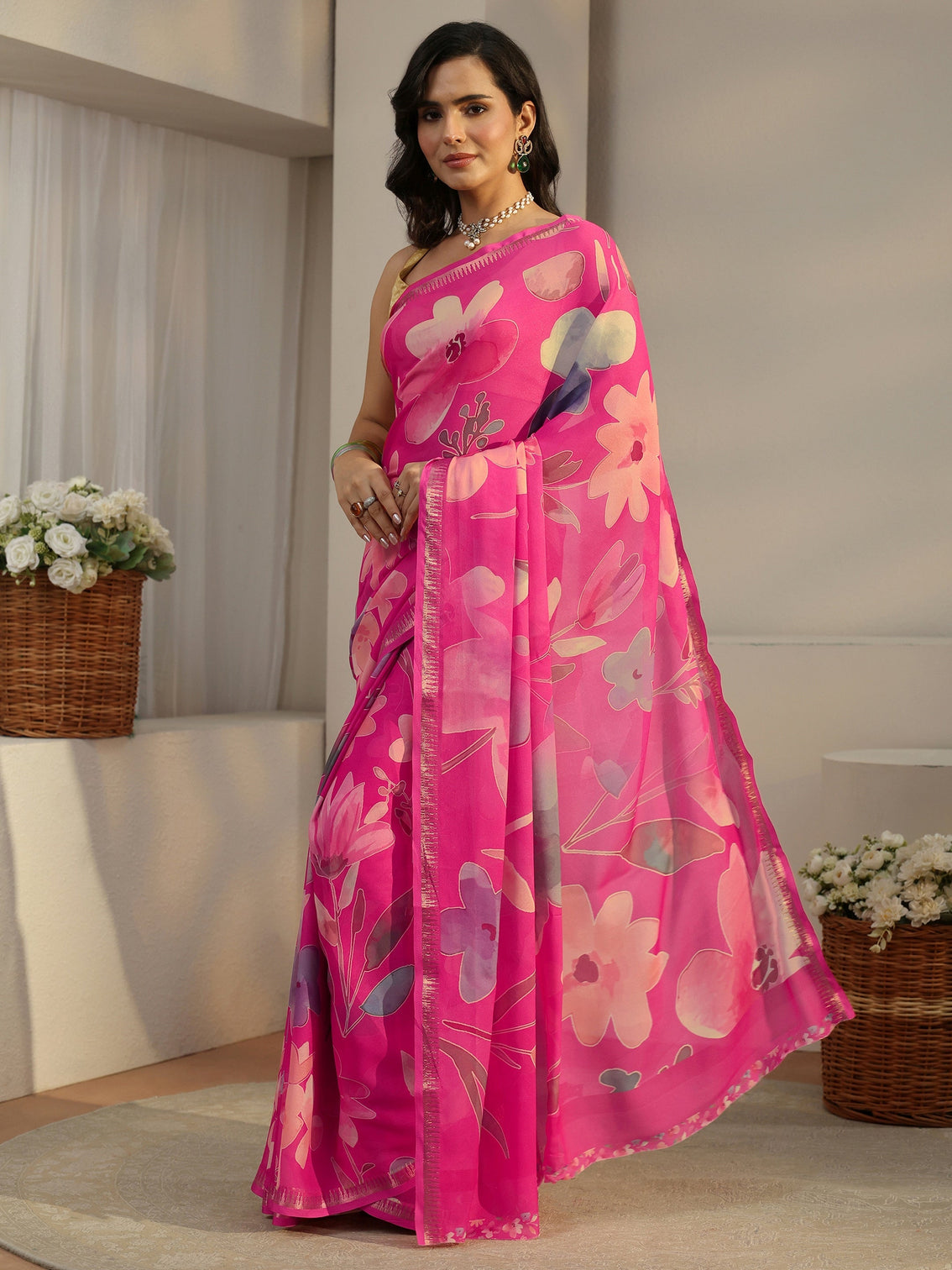 Mameraa Fuchsia Pink Floral Printed Silk Blend Saree