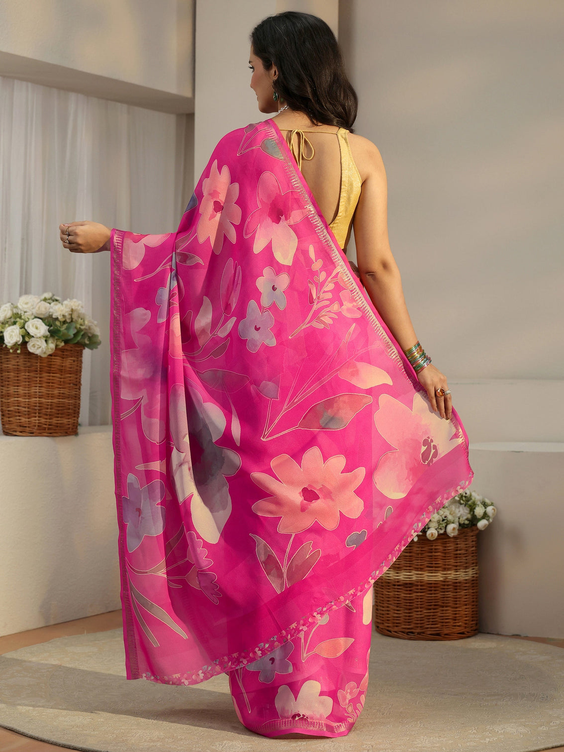 Mameraa Fuchsia Pink Floral Printed Silk Blend Saree