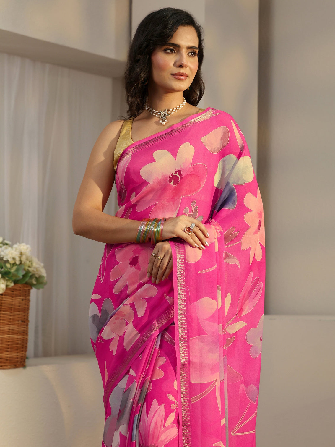 Mameraa Fuchsia Pink Floral Printed Silk Blend Saree
