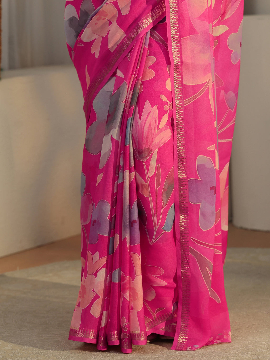 Mameraa Fuchsia Pink Floral Printed Silk Blend Saree