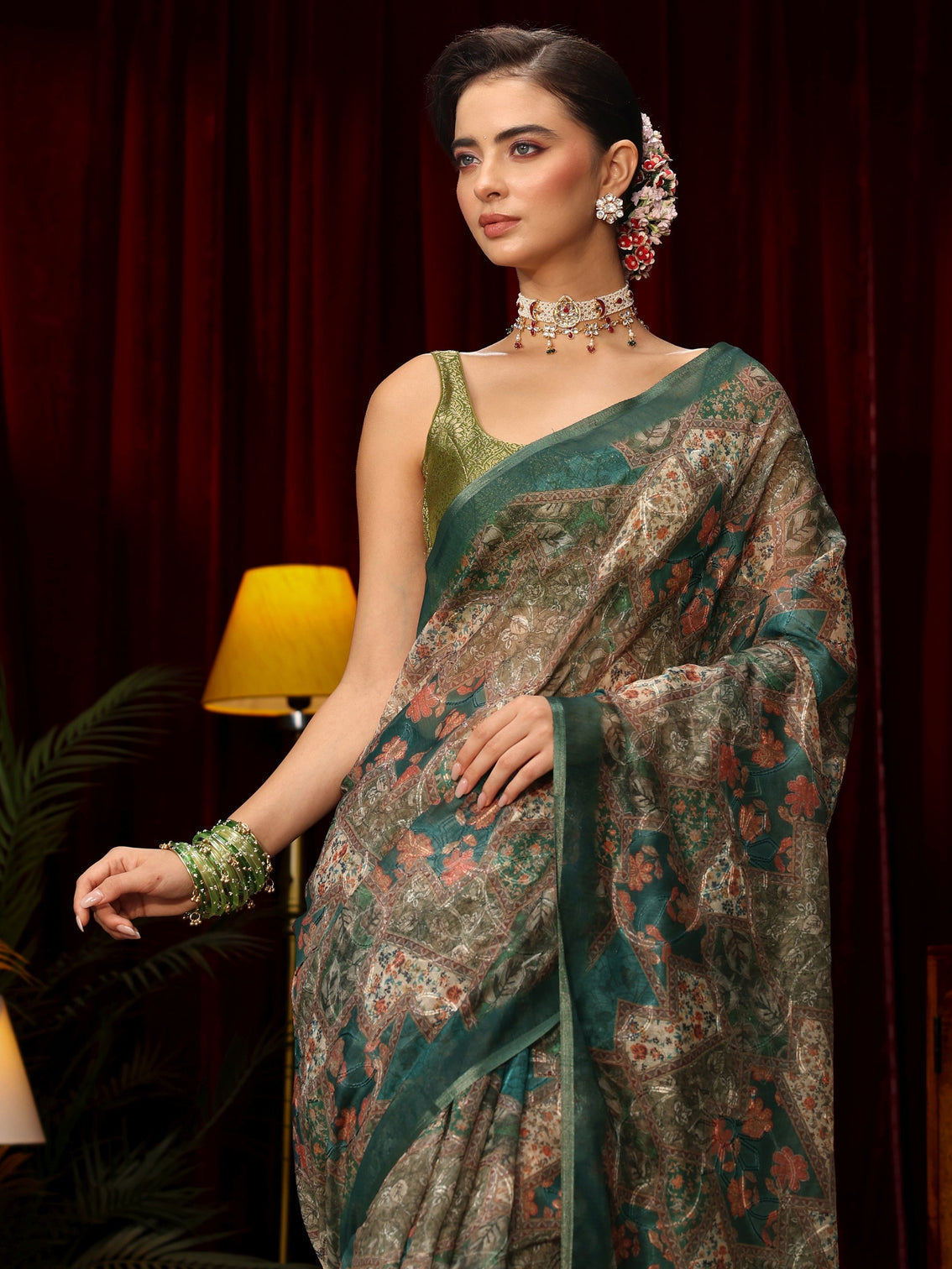 Mameraa Green Floral Printed Silk Blend Saree