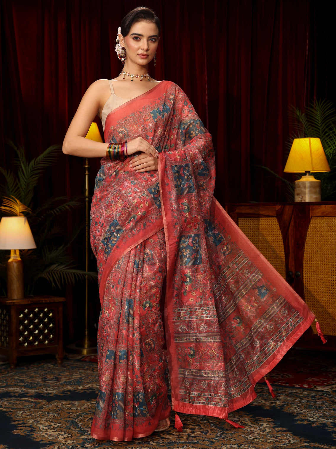 Mameraa Red Floral Printed Silk Blend Saree