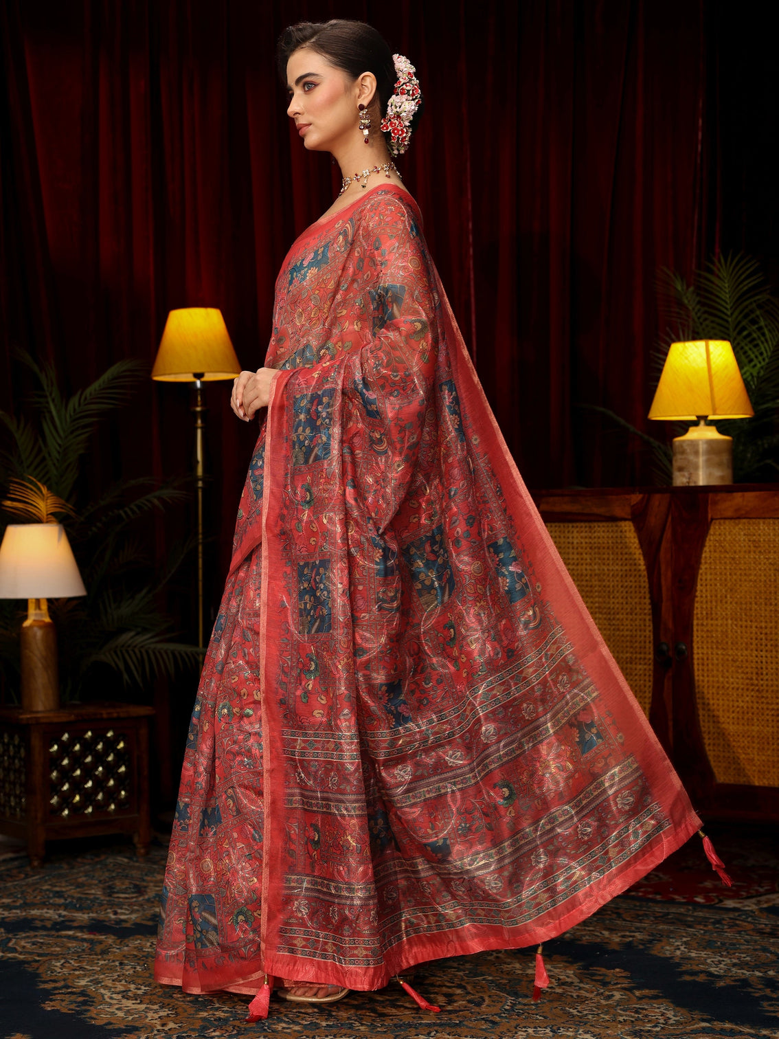 Mameraa Red Floral Printed Silk Blend Saree