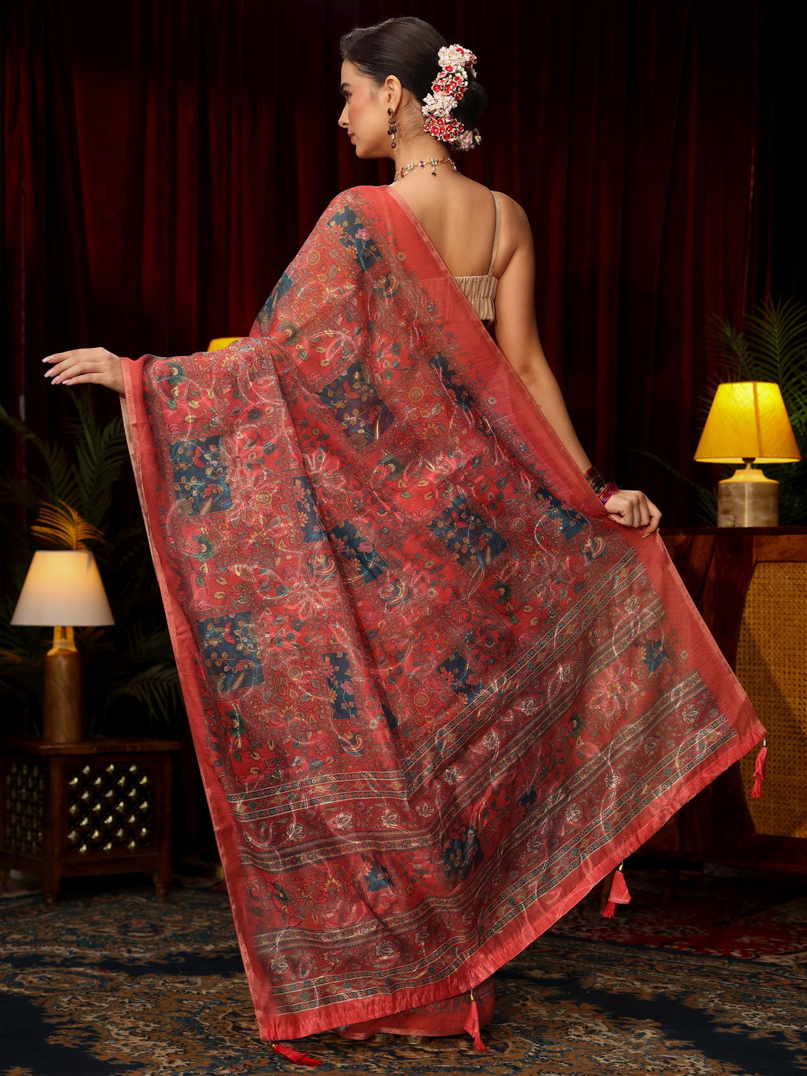 Mameraa Red Floral Printed Silk Blend Saree