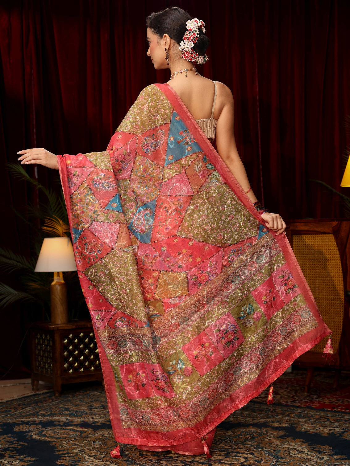 Mameraa Multi Coloured Floral Printed Silk Blend Saree